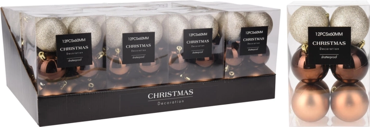 Vianočné gule 6 cm hnedo‑zlaté, mix 12 ks