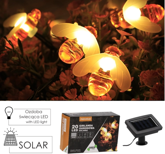 Solárna záhradná svetelná girlanda včielky 20 LED teplá biela, 5,8 m