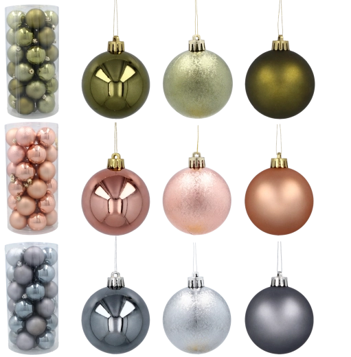 Sada 30 vianočných gúľ 6 cm – olivová, medená a grafitová