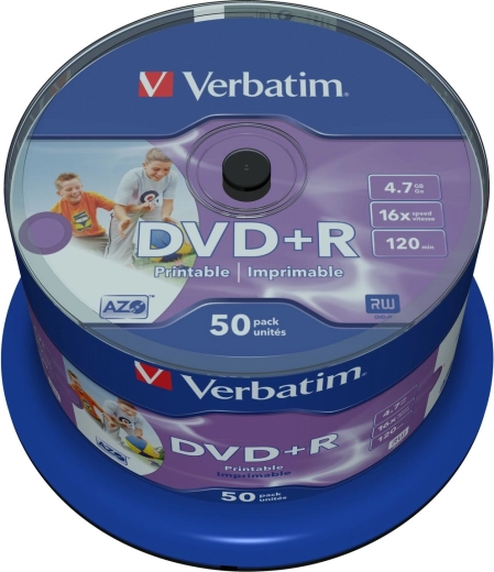 Verbatim DVD+R 4,7 GB 16x Wide Inkjet Printable – 50 ks