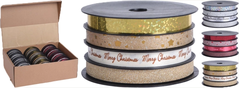 Trblietavá viazacia stuha 4 m × 1 cm, mix strieborná/zlatá/červená (4 ks)