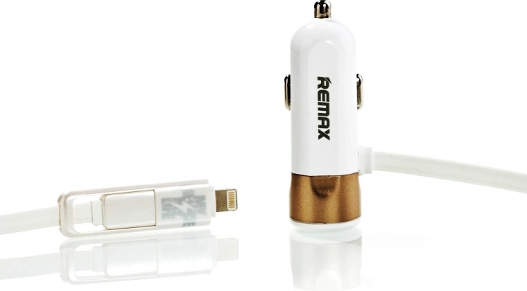 Remax autoadaptér do zapaľovača 3,4 A so zlatým káblom Lightning a micro‑USB