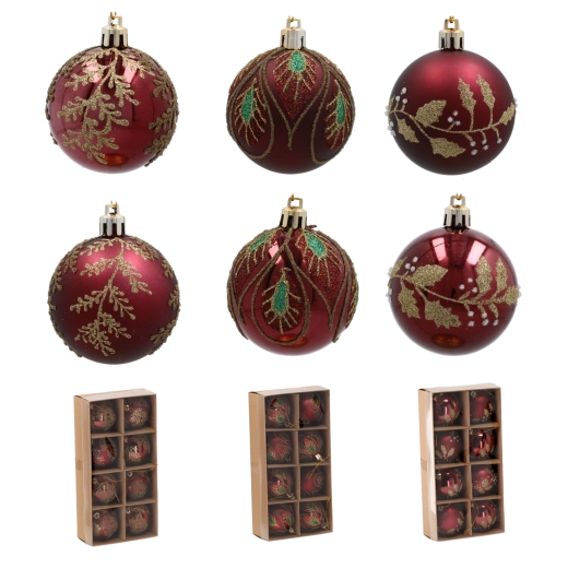 Sada burgundských vianočných gúľ 6 cm so zlatým listovým vzorom – 8 ks