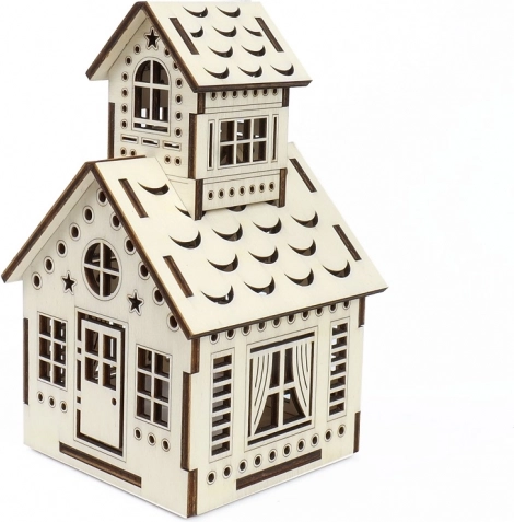 Drevený domček so zvonicou s LED sviečkou – KÚZLO DREVA