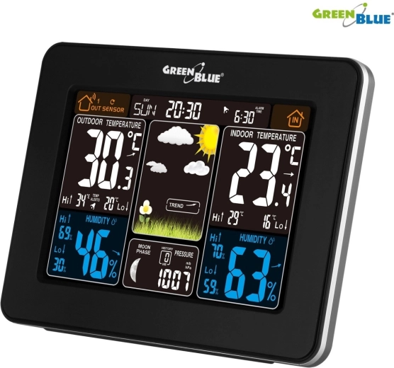 Bezdrôtová farebná meteorologická stanica GreenBlue GB523 s DCF a fázami Mesiaca