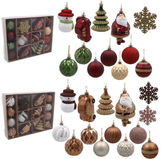 Sada 20 vianočných ozdôb v hnedej a burgundskej farbe