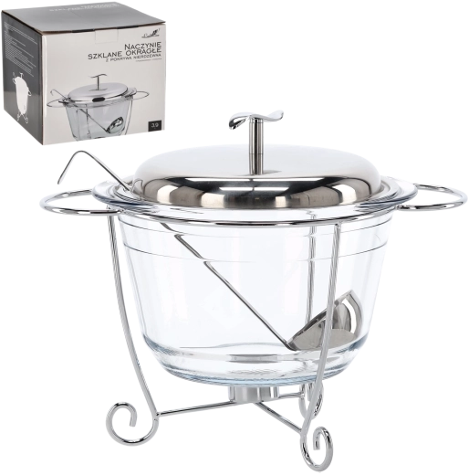 Sklenená ohrievacia misa 3,9 l s nerezovou pokrievkou, podstavcom a naberačkou