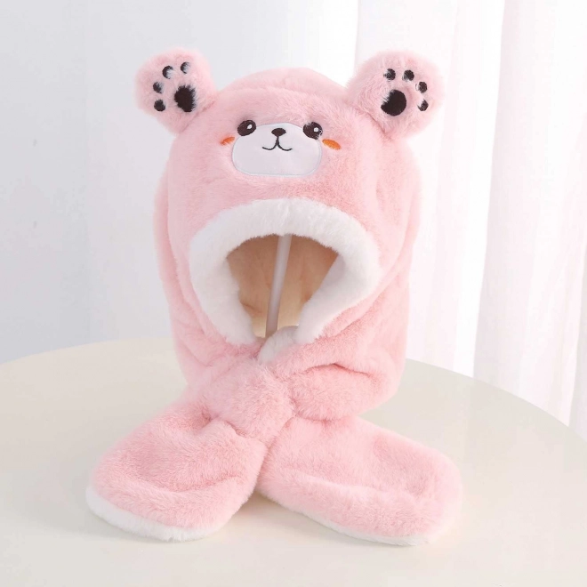 Detská plyšová čiapka so šálom – medveď – Svetloružová