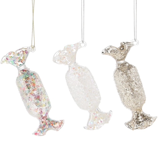 Sklenená vianočná ozdoba cukrík, priehľadná, 3,8 × 9,3 cm, sada 6 ks