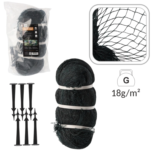 Ochranná sieť proti vtákom 5 × 10 m, 18 g/m² + 10 plastových kolíkov