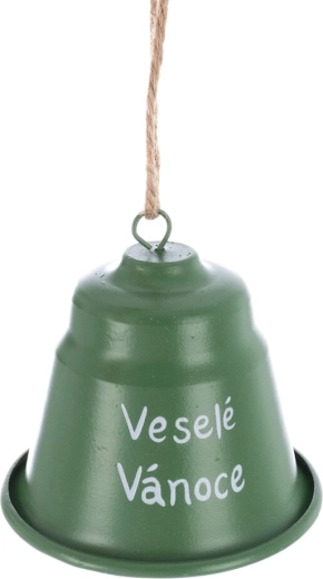 Kovový vianočný zvonček Veselé Vianoce zelený 7 cm