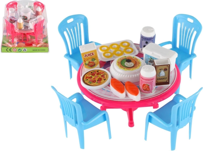 Nábytok pre bábiky – stôl a stoličky s doplnkami, plast, 12 cm