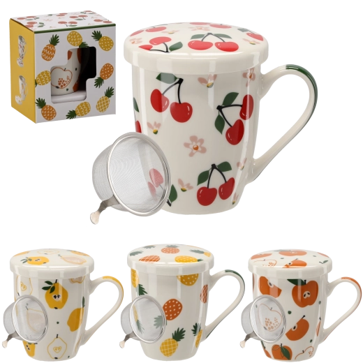 Porcelánový hrnček s viečkom a sitkom 340 ml s ovocnými motívmi