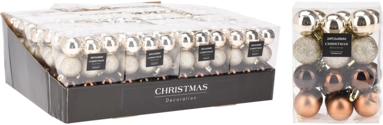 Vianočné gule 3 cm hnedo‑zlaté, mix 24 ks