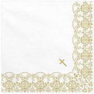 Komunijné papierové obrúsky s ornamentom bielo-zlaté 33 × 33 cm 20 ks