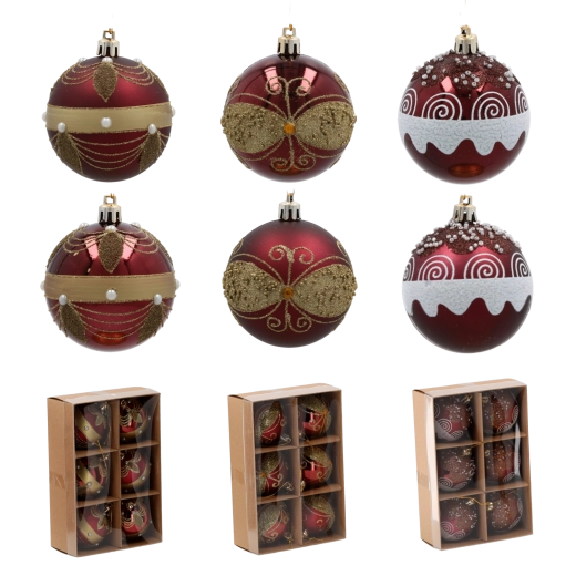 Sada vianočných ozdôb burgundská 7 cm – 6 ks, nerozbitné s perličkami a zlatými detailmi