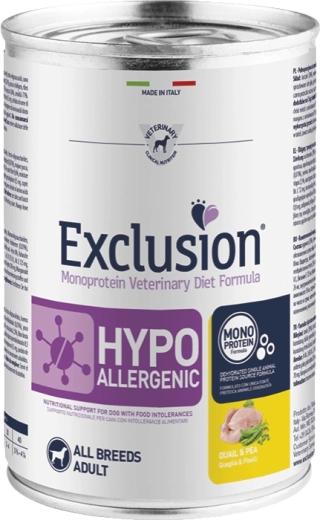 Exclusion konzerva pre psy Hypoallergenic Quail & Pea 400 g