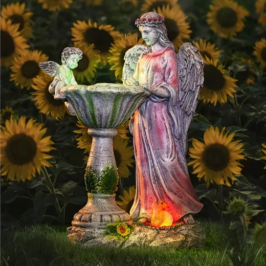 Solárny záhradný anjel s vtáčou kúpeľou a RGB LED osvetlením