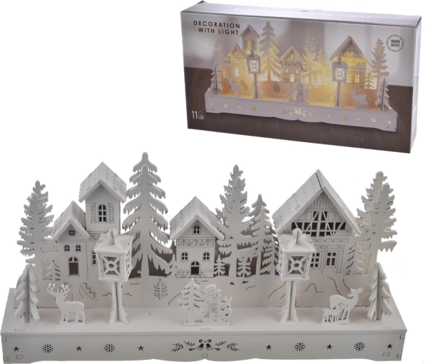 Drevený domček s LED osvetlením biely 30 cm