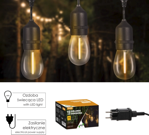 Záhradná svetelná girlanda s diaľkovým ovládaním 24 V, 18 m, 15 LED teplá biela