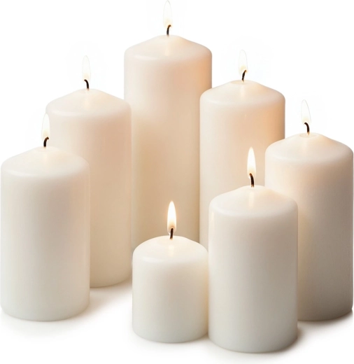 Sada bielych valcových sviečok bez vône, 7 ks