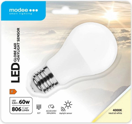 Modee Lighting LED inteligentná žiarovka A60 8,8 W E27, neutrálná biela so svetelným senzorom
