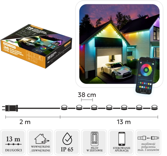 Inteligentná LED girlanda 36 RGB, multicolor, 15 m, IP65, vnútorná aj vonkajšia