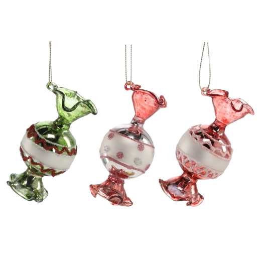 Sklenené vianočné ozdoby – cukríky, sada 6 ks