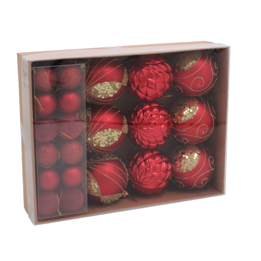 Sada 33 vianočných ozdôb v červenej, striebornej a zlatej farbe