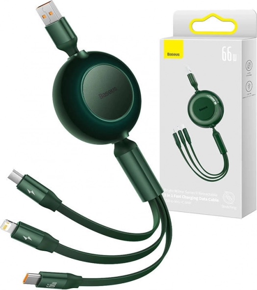 Baseus Bright Mirror 3 USB kábel 3 v 1 pre micro USB, USB‑C a Lightning 66 W 1,1 m – Zelený