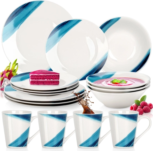 Porcelánová jedálenská súprava 16 ks biela s modrým dekorom