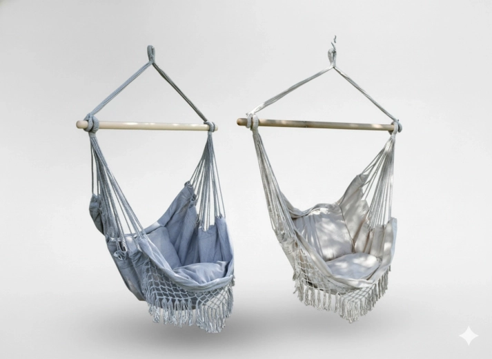 Závesné brazílske kreslo boho s vankúšmi, 130 × 100 cm, béžovo‑sivé