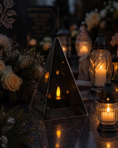 LED dekoratívny lampáš pyramída 12 × 12 × 19 cm s efektom plameňa