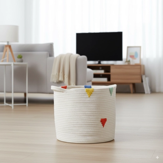 Okrúhly textilný kôš na bielizeň a hračky 27 × 24 cm – biely s farebným vzorom