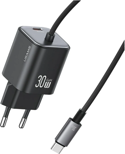 Usams JC Series CC264 30 W GaN sieťová nabíjačka s vstavaným USB‑C káblom (čierna)
