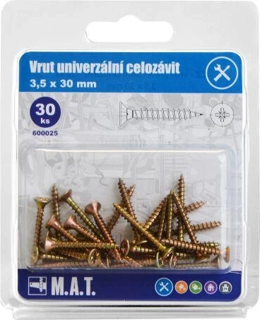 Univerzálne skrutky, celý závit 3,5 × 30 mm, pozink, 30 ks