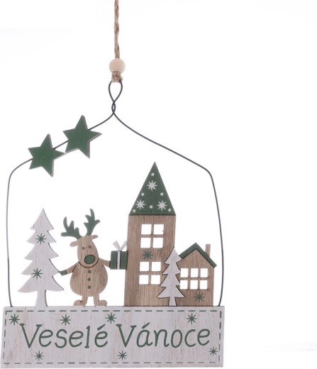 Závesná vianočná tabuľka „Veselé Vianoce“ z dreva a kovu 25 cm