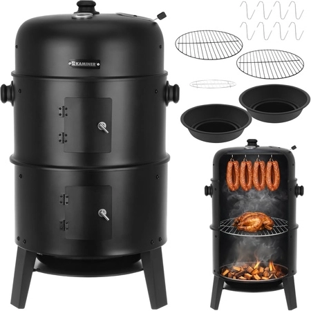 Záhradný uhlíkový gril a údiarne 3v1 s pokrievkou a teplomerom KAMINER