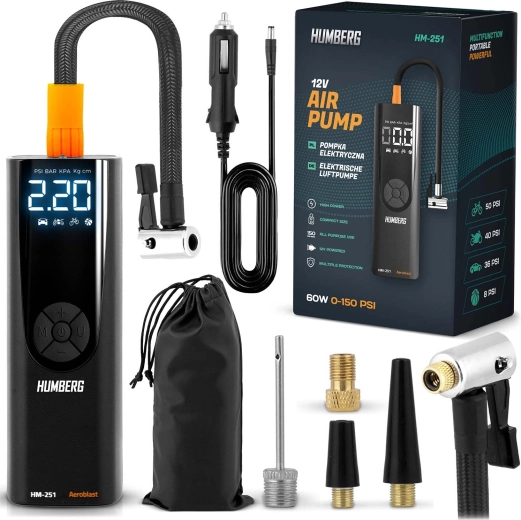 Elektrický mini kompresor HUMBERG HM-251 – prenosná digitálna auto pumpa s LED svetlom