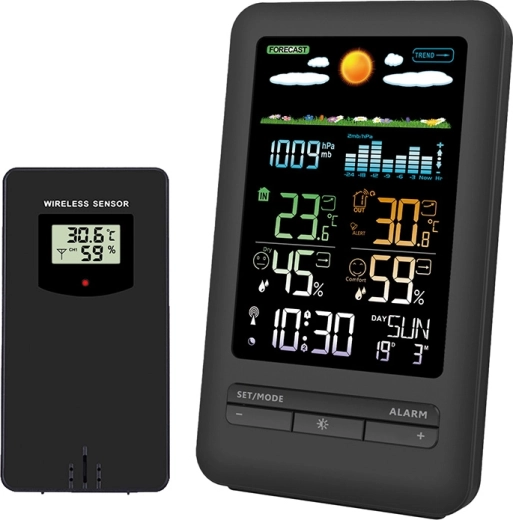 Solight meteostanica s farebným LCD displejom, meraním teploty, vlhkosti a tlaku, čierna