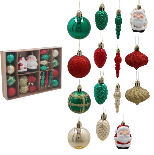 Sada 24 vianočných ozdôb v červenej, zelenej a zlatej