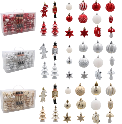 Súprava 50 vianočných ozdôb v červenej, striebornej a zlatej farbe