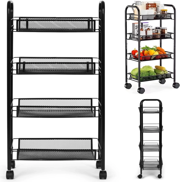 ModernHome mobilný kovový regál na kolieskach so 4 košmi