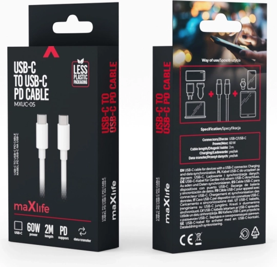 Maxlife USB‑C – USB‑C kábel 2 m 60 W biely