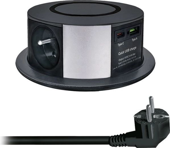 Solight výsuvný blok zásuviek s 3 zásuvkami, USB-A/USB-C PD 20 W a bezdrôtovým nabíjaním Qi 10 W, 2 m, čierny