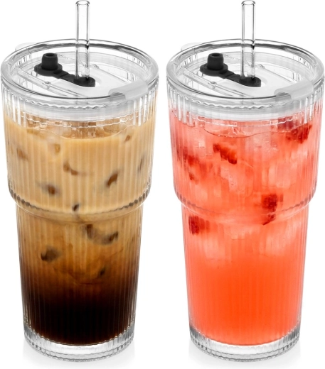 Sklenené tumbler poháre s viečkom a slamkou 500 ml, sada 2 ks