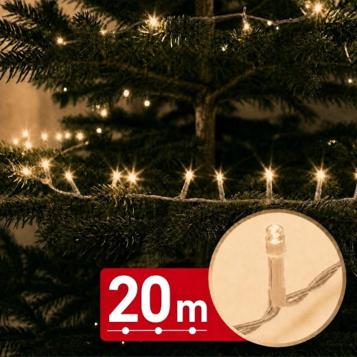 LED svetelná reťaz s časovačom 20 m, 400 LED, teplá biela