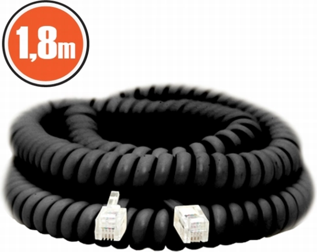 Špirálový telefónny kábel 4P4C, 1,8 m, čierny