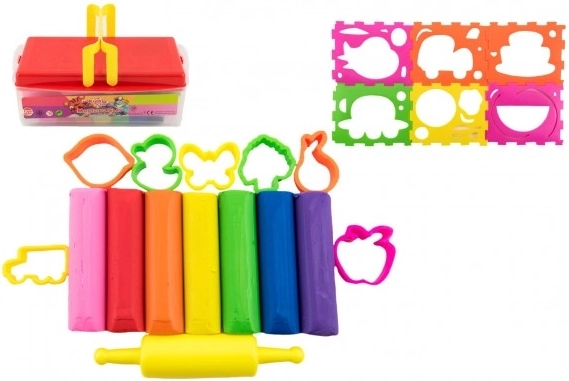 Sada farebných plastelín s vykrajovačkami a valčekom v plastovom boxe