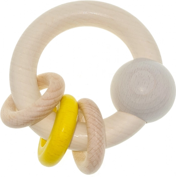 Hess drevená hrkálka s guľôčkou a krúžkami žltá